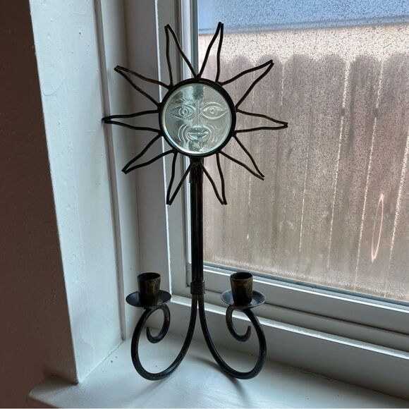 Other - Vintage Metal & Glass Sun Wall Sconce Double Taper Candle Holder